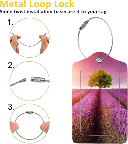 2 Pack Luggage Tags for Suitcases,Stunning Lavender Field Luggage Tag,PU Leather Id Label Luggage Tags with Stainless Steel Loop and Privacy Cover for Women Men Teens Travel