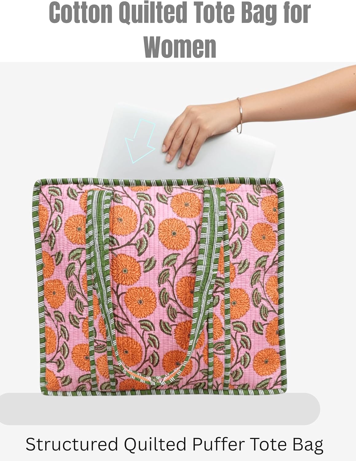 Cotton Quilted Tote Bag for Women – Large Beach & Travel Tote with Zipper, Reusable Grocery Bag