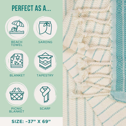 Sand Cloud Large Turkish Beach Towel - Sand Free - 100% Organic Turkish Cotton Yarn - Quick Dry Towel for Beach, Picnic Blanket or Throw - As Seen on Shark Tank - Boho Turquoise XL