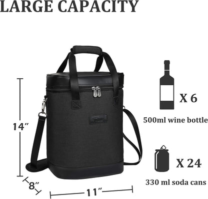 Tirrinia 6 Bottle Wine Cooler Bag - Insulated Padded Portable Versatile Wine Gift Carrier Tote Bag for Travel, BYOB Restaurant, Wine Tasting, Party, Pecfect Gift for Wine Lover, Black