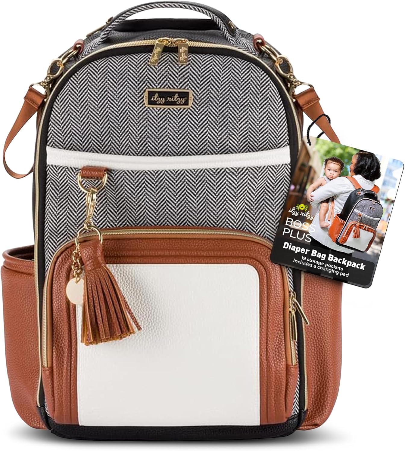 Itzy Ritzy Diaper Bag Backpack – Large Capacity Boss Plus Baby Backpack Diaper Bag Featuring 19 Pockets, Changing Pad, Stroller Clips, and Comfortable Straps (Coffee & Cream)