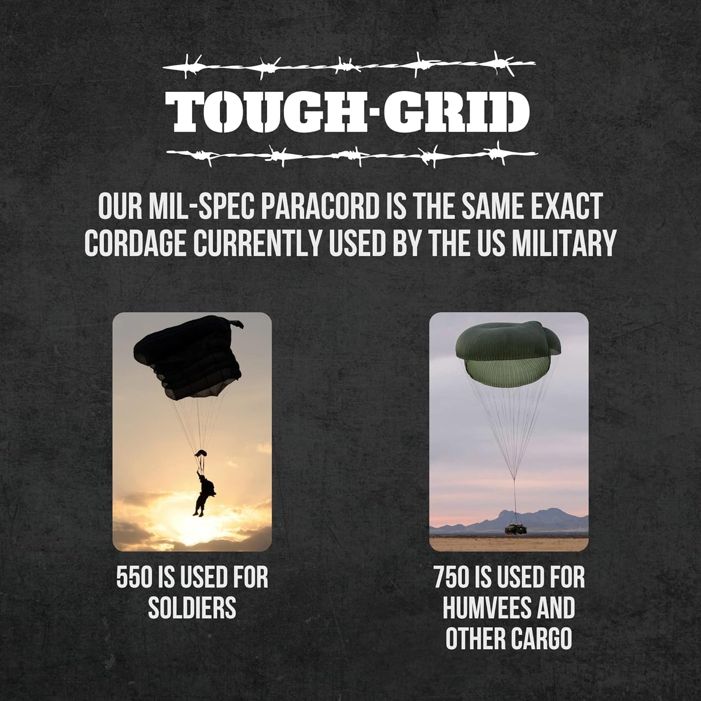TOUGH-GRID 550 Paracord Rope Nylon Parachute Cord, Made in USA Survival Kit, Outdoor Adventures, Camping, Tactical Gear & Emergency Supplies, Military Type III Mil-Spec