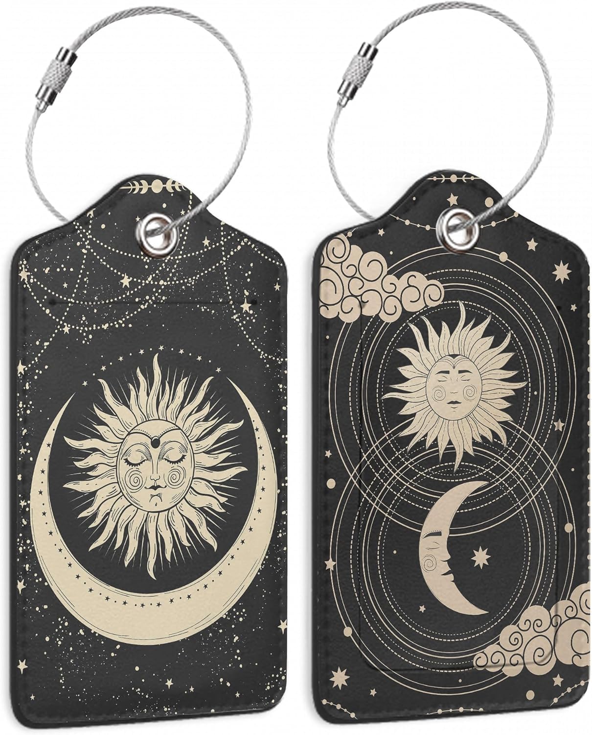 Boho Crescent Moon and Sun with Face Luggage Tags for Suitcases, 2 Pack Cute PU Leather Suitcase Tag Identifiers with Address Card for Baggage Tag
