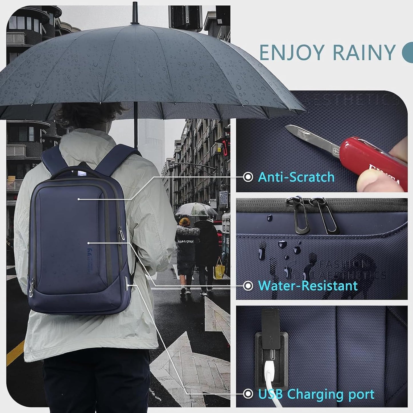 hk Laptop Backpack for Men with USB Charging Port for Business Work College Travel (Blue, 17.3 inch)