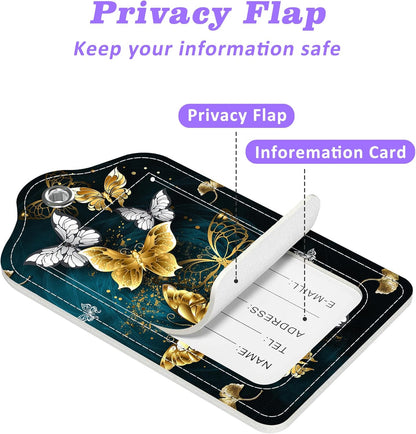 Set of 2 Luggage Tags Golden and White Butterfly Leather Suitcases Tag with Privacy Cover Stainless Steel Loop and Address Card for Women Men Travel