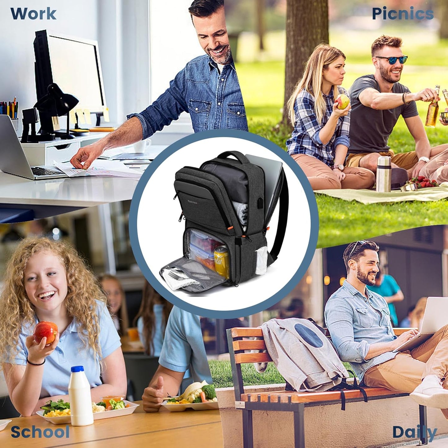 Lunch Backpack, Insulated Cooler Backpack Lunch Box for Men Women, 15.6 Inches RFID Blocking Laptop Backpack with USB Port Lunch Bag for Work Travel Black