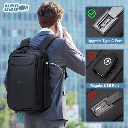 FENRUIEN Expandable Travel Backpack 15.6 Inch, Water Resistant Backpack with USB Charging Port, Black Laptop Bag for Work/Commuter/College