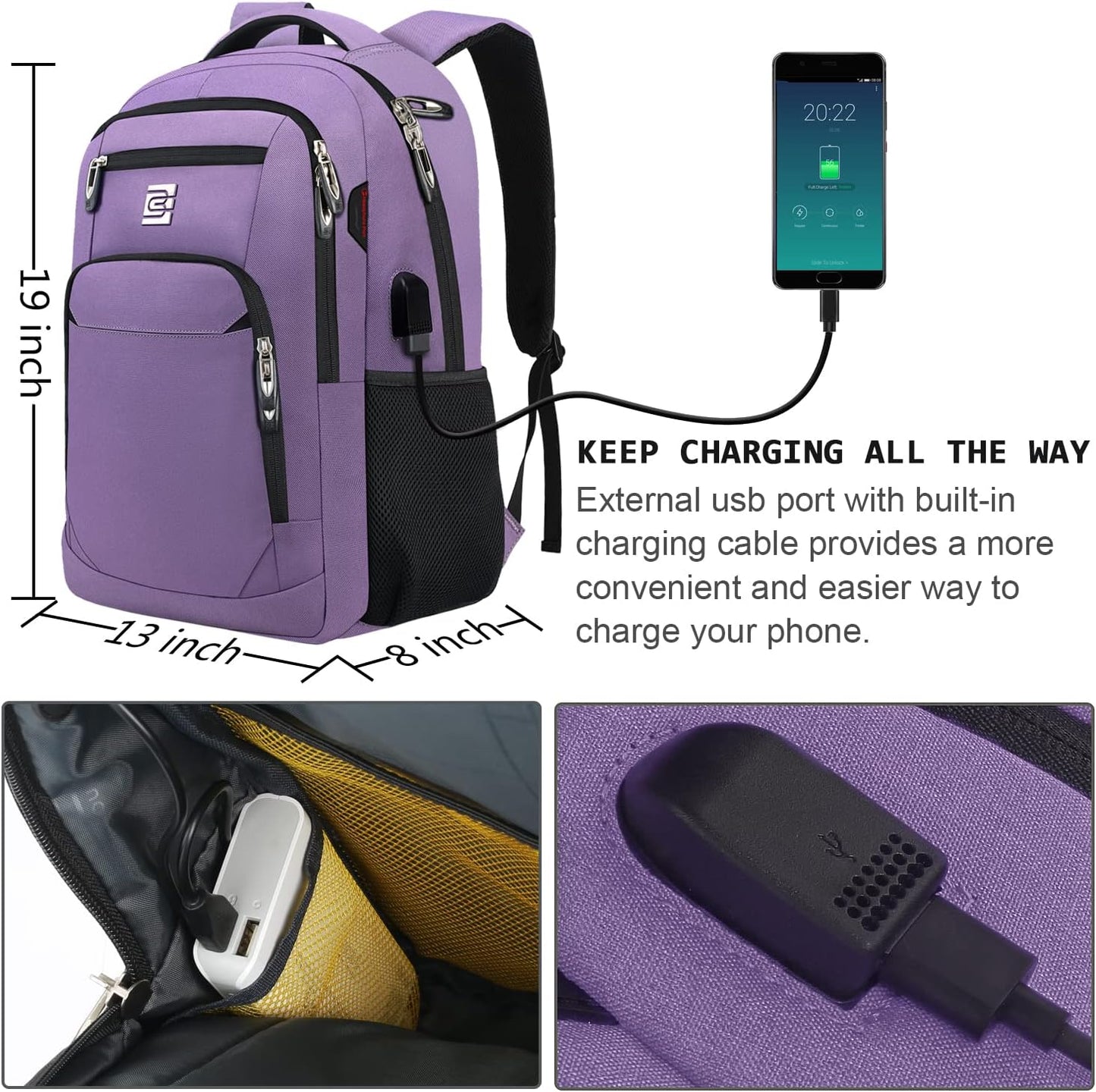 Laptop Backpack,Business Travel Anti Theft Slim Durable Laptops Backpack with USB Charging Port,Water Resistant College Computer Bag for Women & Men Fits 15.6 Inch Laptop and Notebook-Purple