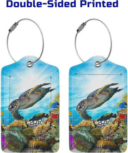 2 Pack Sea Turtle Luggage Tag for Suitcases, Cool Leather Suitcase Labels with Full Privacy Cover Id Name Card and Stainless Steel Loop, Funny Travel Identifiers Tags Luggage for Women Men Baggage