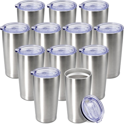 20 oz Tumbler Coffee Tavel Tumblers Bulk with Lid Stainless Steel Double Wall Vacuum Insulated Mug Powder Coated Cups fit Car Cupholder for Hot and Cold - Stainless Steel, 12Pack