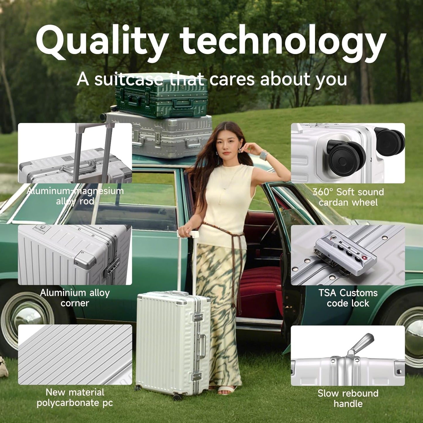 ROAMING Zipperless Luggage 28 Inch with Aluminum Frame, Checked-Large Lightweight 3-Layer PC Hard Shell Suitcase with Spinner Wheels, Metal Travel Luggage with Three TSA Locks, Shell white