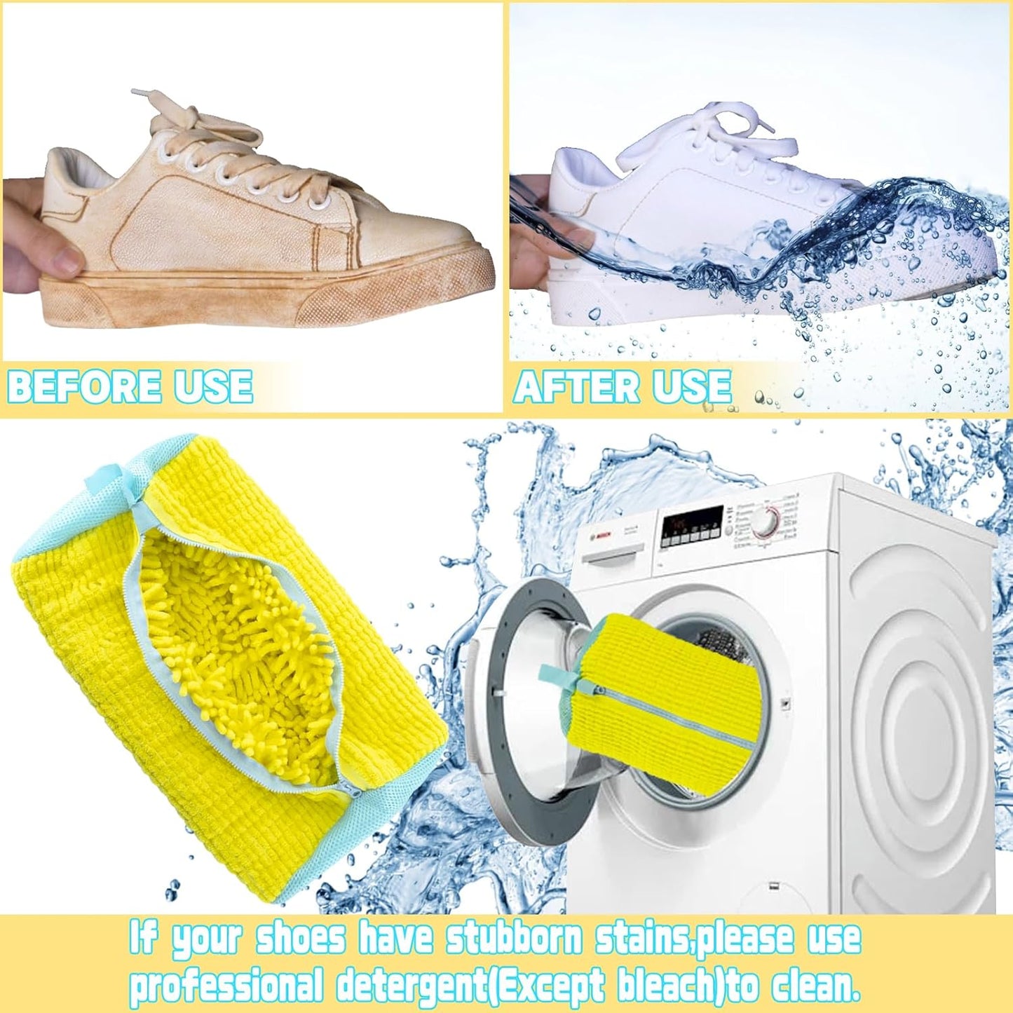2PCS Shoe Washing Machine Bgs,Laundry Shoe Bags for Washer and Dryer, Reusable and Durable Zipper Sneaker Shoe Washing Bag, Tennis Shoe Cleaning Bag for All Shoe Types (Yellow)