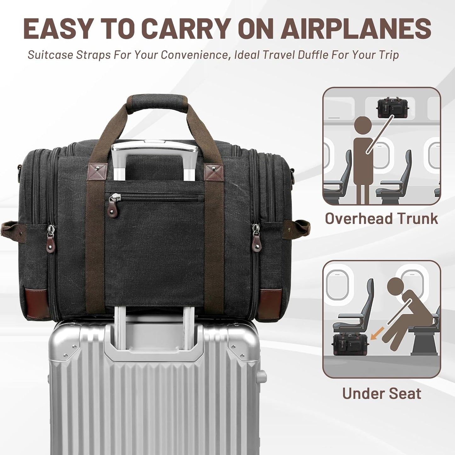 Travel Duffle Bag for Men, Heavy Duty Canvas Duffle Bag, Carryon Bags for Airplanes, Expandable Vintage Leather Overnight Luggage Weekender Bag, Waterproof Anti-tear Canvas Bag