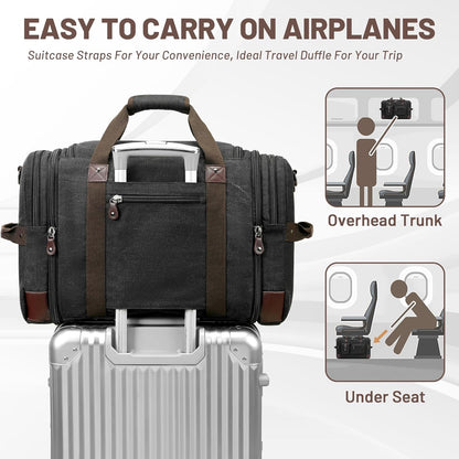Travel Duffle Bag for Men, Heavy Duty Canvas Duffle Bag, Carryon Bags for Airplanes, Expandable Vintage Leather Overnight Luggage Weekender Bag, Waterproof Anti-tear Canvas Bag