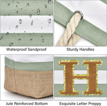 Becokan Beach Bag Initial Beach Tote with Makeup Bag for Travel Work Storage Personalized Birthday Gifts for Women Her