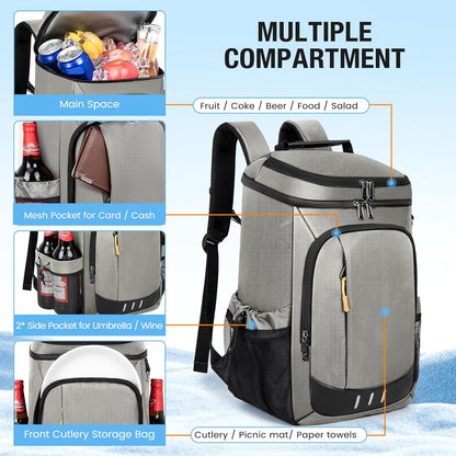 Cooler Backpack - 40 Cans Insulated Leak Proof Backpack Cooler Portable Picnic Camping Beach Hiking BBQ Picnic Bag for Men and Women -Grey