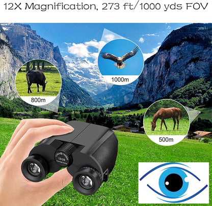 12x25 Compact Binoculars for Adults & Kids, High Powered Lightweight Waterproof Binoculars with Large Eyepiece, Low Light Vision for Bird Watching, Hunting, Travel, and Sightseeing