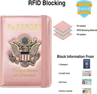 Passport Holder for Travel Passport Cover for Men Passport Wallet Case with Metal Badge Protector Leather Card Case RFID Blocking Women Travel Accessories Document Organizer (Rose Gold)