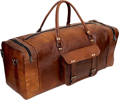 Leather Duffle Bag for Men Luggage Handmade Travel Bag Carry On Luggage Weekender Bags Overnight Gym Sports Cabin Holdall Bag For Airplanes Men And Women (28 Inch Brown)