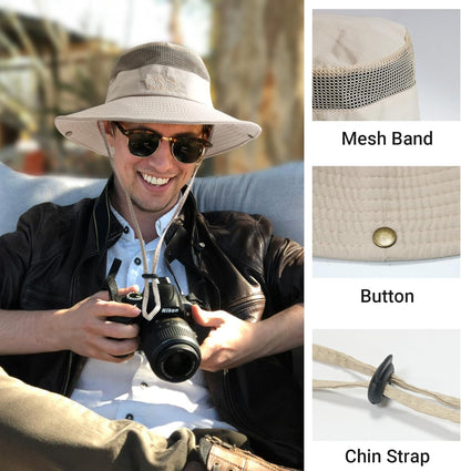 NPQQUAN Ponytail Sun Bucket Hats for Women Men Wide Brim UPF 50+ Fishing & Beach Hats