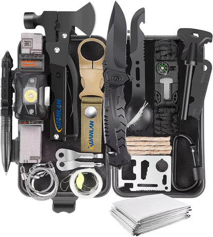 XUANLAN Emergency Survival Kit, Outdoor Survival Gear Tool with Survival Bracelet, Fire Starter, Whistle, Wood Cutter, Water Bottle Clip, Pen (29 in 1)