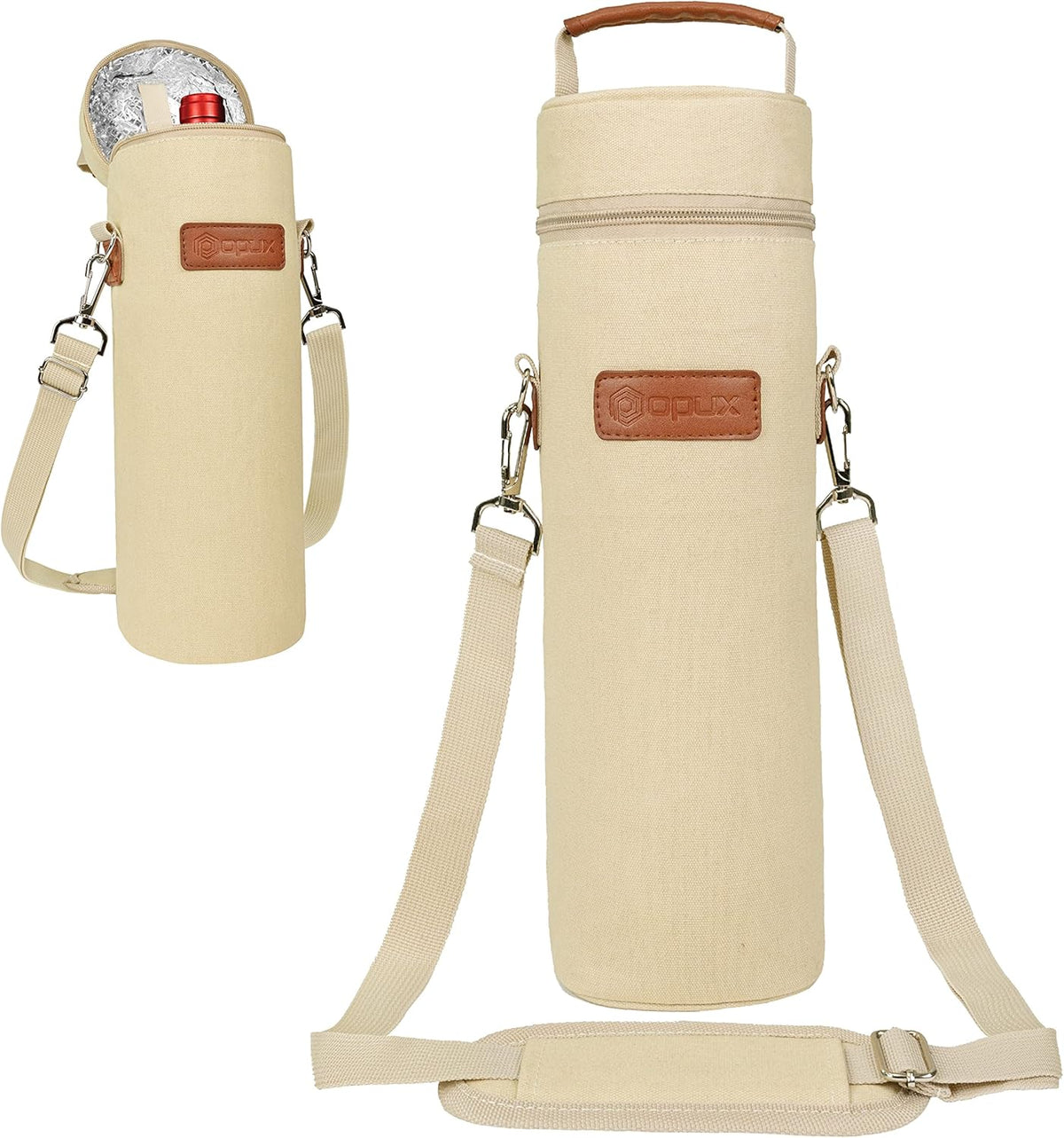 opux Wine Bag Single Bottle Carrier Tote, Insulated Wine Cooler Bag for Travel Picnic Beach with Shoulder Strap, Thermal One Bottle Holder Carrying Case Wine Gift for Women Men, Beige Cream