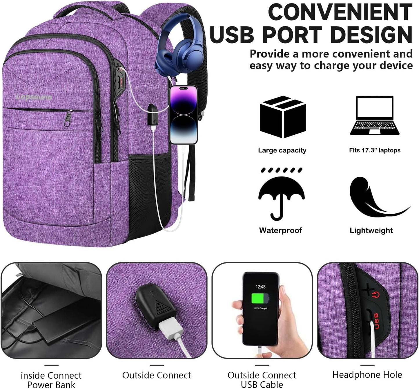 Lapsouno Extra Large Travel Backpack, Travel Laptop Backpack, Multiple Pockets 17.3 Inch Carry on Backpack with USB Port, TSA Friendly Water Resistant College School Business Bag for Women, Purple