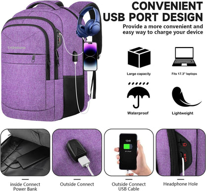 Lapsouno Extra Large Travel Backpack, Travel Laptop Backpack, Multiple Pockets 17.3 Inch Carry on Backpack with USB Port, TSA Friendly Water Resistant College School Business Bag for Women, Purple