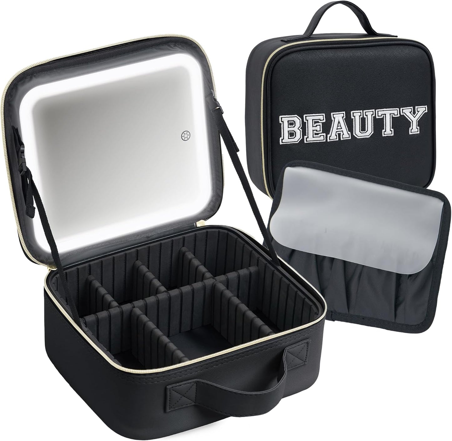 Makeup Bag with LED Mirror – Travel Cosmetic Organizer with Lighted Mirror, Adjustable Dividers & Brush Holder Storage – Portable PU Leather Makeup Case for Women & Girls - Black