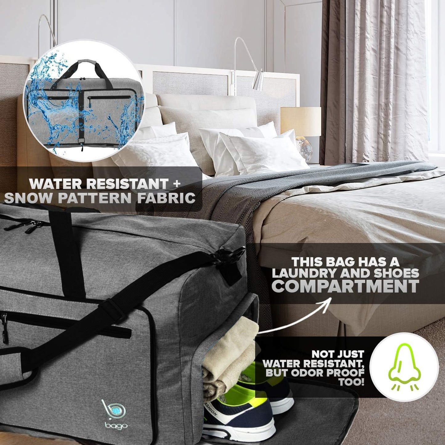 Bago Large Foldable Duffel Bags for Traveling Women & Men - 80L Packable Duffle Bag for Travel with Shoe Compartment - Water Repellant, Heavy Duty, Lightweight Folding & Collapsible (SnowBlack)