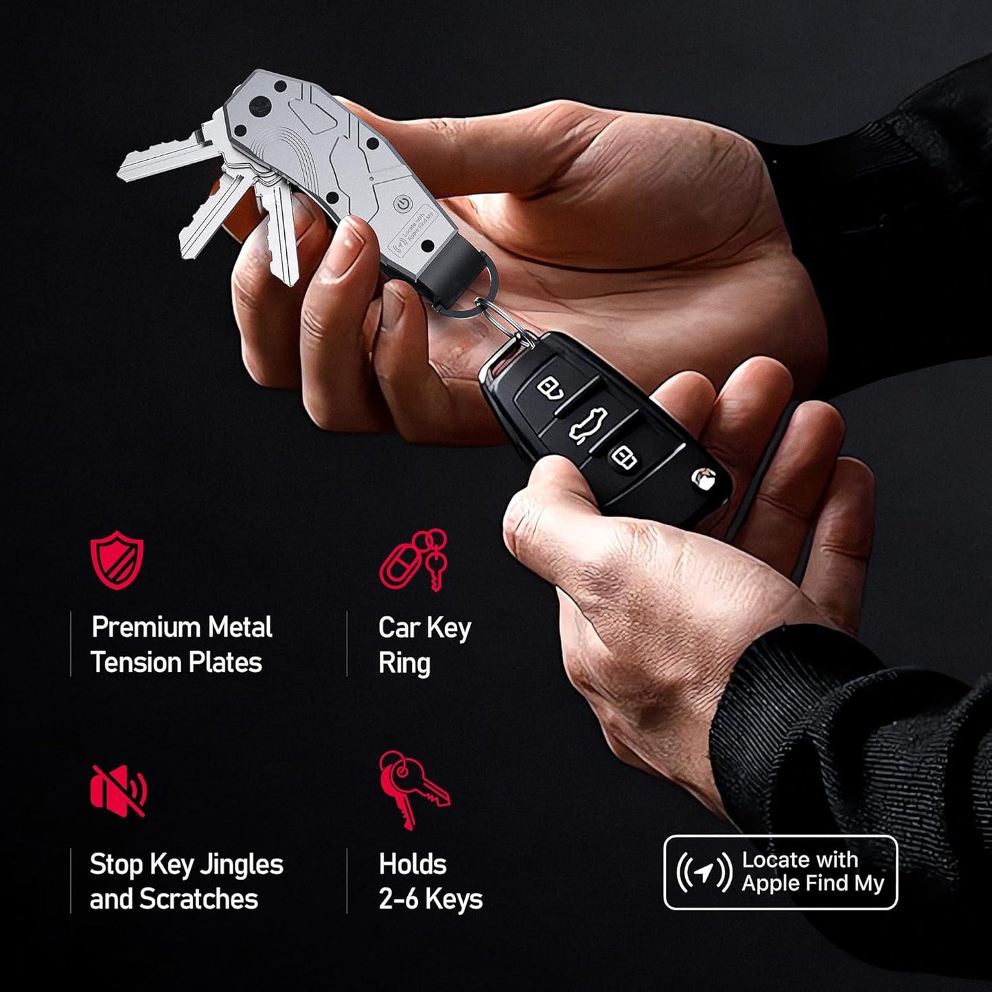 Air Keychain, Key Organizer Works with Apple Find My, Built-in airtag Chips, Holds 2-6 Keys, Car Key Chains with GPS Tracker, Key Finder, Minimalist Key Holder for Men and Women, (iOS Only) (Grey)