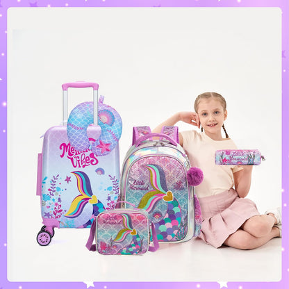 Cute Pink Mermaid Kid’s Luggage Set 5 Piece Suitcase Set 16’’ Hardside Luggage with Spinner Wheels Girls Boys Carry on Toddler Luggage Travel Rolling Luggage Carry on Luggage Airline Approved