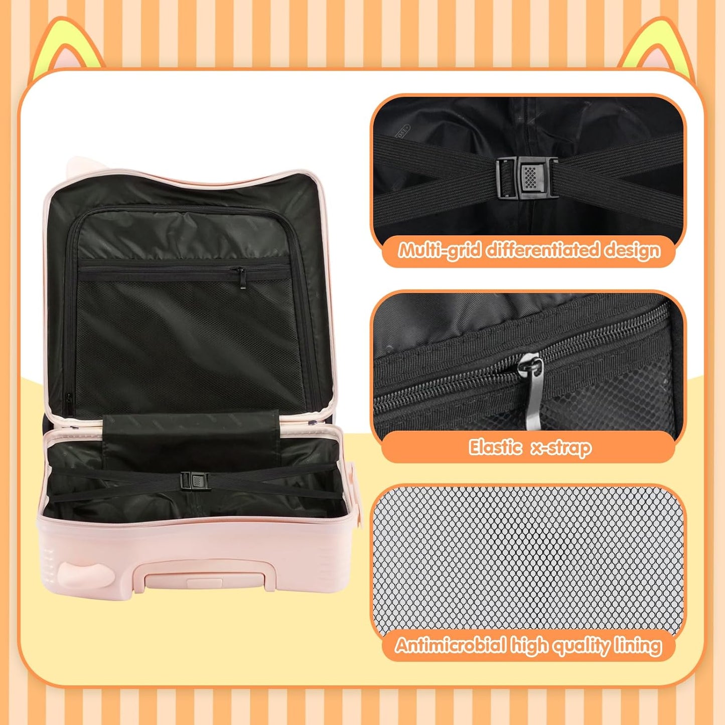 20" Ride-On Travel Suitcase for Kids, Cute Ear Toddler Carry on Luggage with Spinner Wheels & Anti-Lose Rope, Children Rolling Trolly Luggage with Password Lock (Pink with Rope)