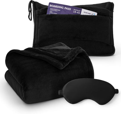 Bedsure Travel Blanket Airplane Compact with Storage Bag, Packable Blanket with Eye Mask, Lightweight 2-in-1 Travel Essentials, Functioned as Pillow for Airplane Comfort and Warmth, Black