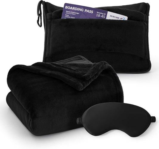 Bedsure Travel Blanket Airplane Compact with Storage Bag, Packable Blanket with Eye Mask, Lightweight 2-in-1 Travel Essentials, Functioned as Pillow for Airplane Comfort and Warmth, Black