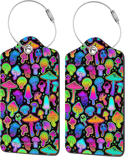 2 Pack Luggage Tags for Suitcases,Colorful Mushrooms Luggage Tag,PU Leather Id Label Luggage Tags with Stainless Steel Loop and Privacy Cover for Women Men Teens Travel