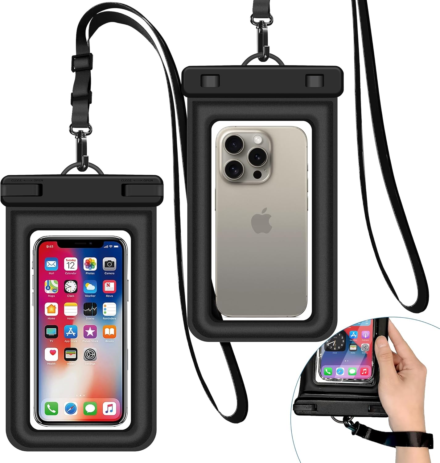 IPX8 Floating Waterproof Phone Case 2-Pack, 7.2 Inch Waterproof Phone Pouch for iPhone 16/15/14 Pro Max Galaxy S24/S23 Adjustable Lanyard + Wrist Strap Beach Swimming Travel Essentials Black
