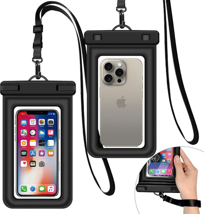 IPX8 Floating Waterproof Phone Case 2-Pack, 7.2 Inch Waterproof Phone Pouch for iPhone 16/15/14 Pro Max Galaxy S24/S23 Adjustable Lanyard + Wrist Strap Beach Swimming Travel Essentials Black
