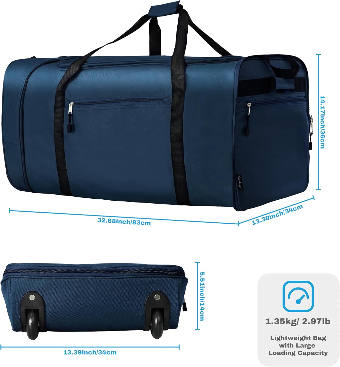 Finnhomy 100L Foldable Rolling Duffel Bag with 2 Wheels, Light Weight Travel Duffel bag with Large Loading Capacity, 32 inch Rolling Duffel bag with Shoulder Strap for Travel Camping Sports, Dark Blue