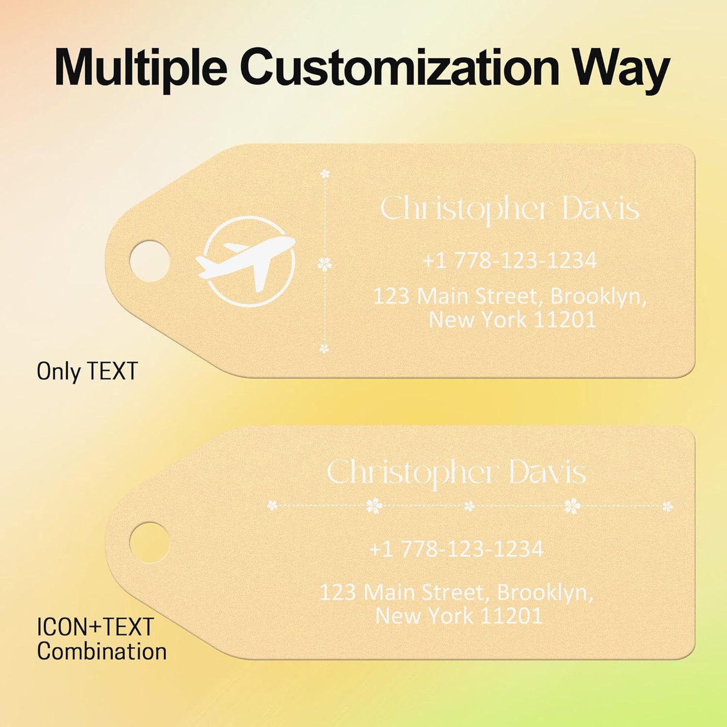 4 PCS Personalized Metal Luggage Tag – Personalized Engraved Suitcase Tag, Backpack Tag, with Matching Color Strap, Waterproof Suitcase Name Badge – Ideal Corporate Gift & Travel Accessory (Yellow)