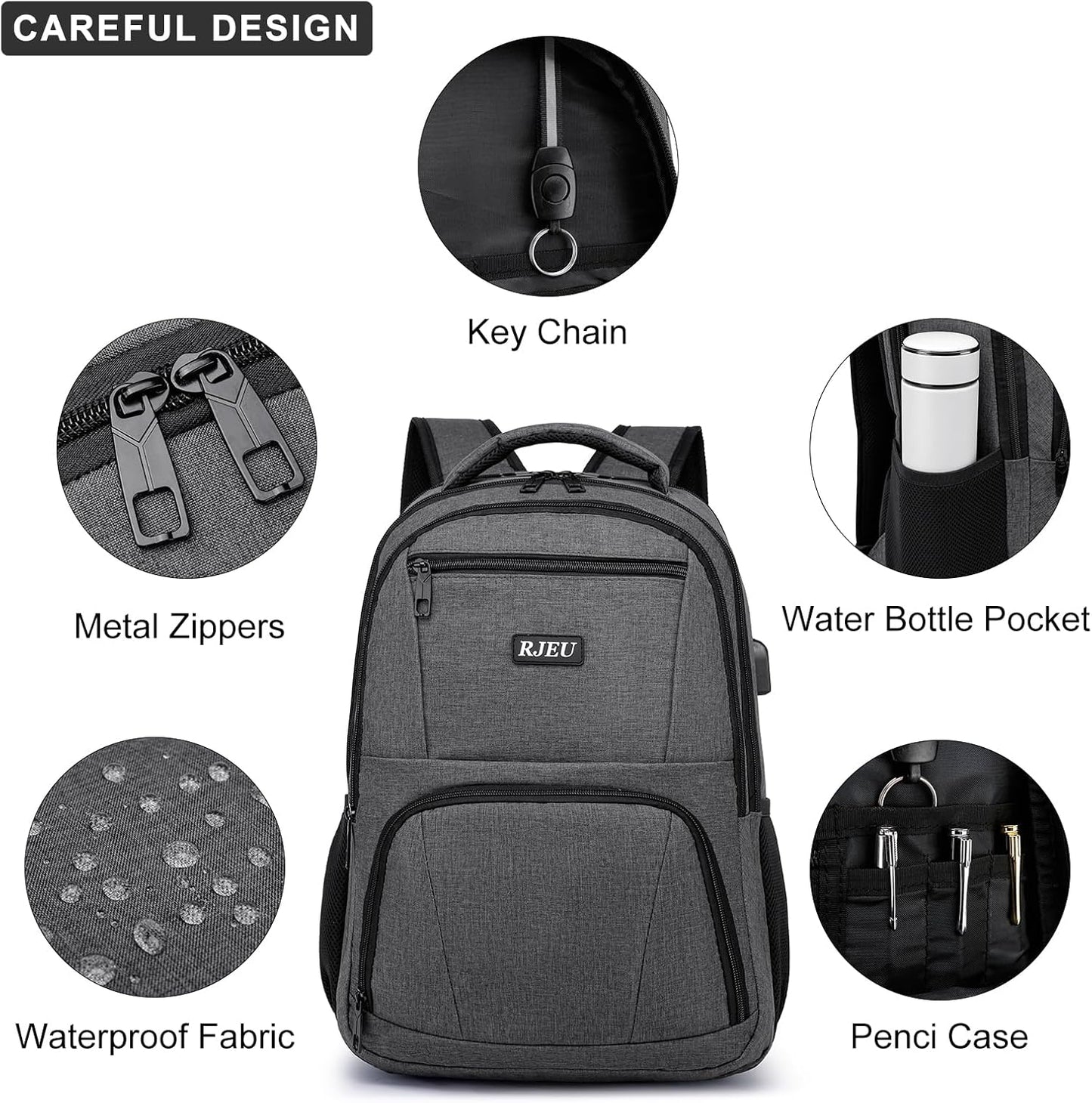 School Backpack for Teens & College Students - 17.3 Inch Laptop Backpack with USB Charging Port, Water Resistant Travel Bookbag for Men, Women, Business & University, Grey