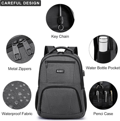 School Backpack for Teens & College Students - 17.3 Inch Laptop Backpack with USB Charging Port, Water Resistant Travel Bookbag for Men, Women, Business & University, Grey
