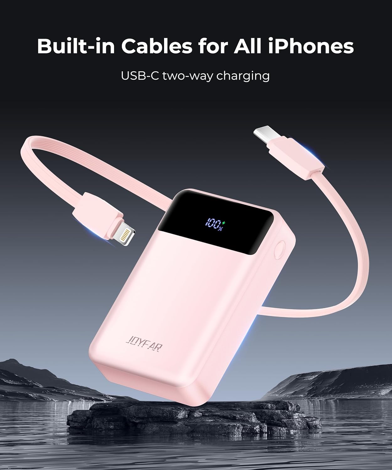 Portable-Charger-Power-Bank Travel Essentials Battery Pack USB C 30000mAh Built in Cable 22.5W Phone Fast Charging Powerbank Compatible with iPhone 16 15 14 13 12 11 iPad Google Xiaomi (Pink)