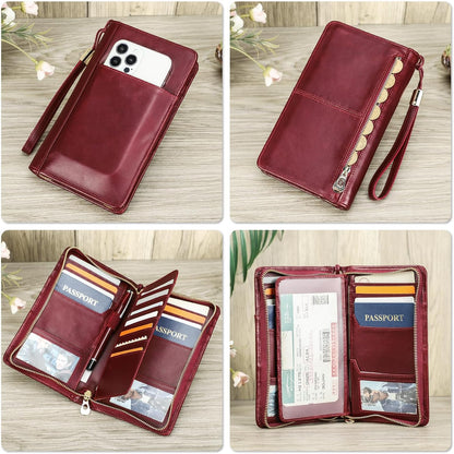 Top Grain Leather Travel Passport Wallet Holder for Man & Woman, Handmade with Three-Layer for 4 Passports & Multi Cards, RFID Blocking Large Capacity for Cards/Passports/Tickets, Burgundy