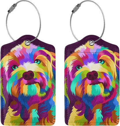 2 Pack Colorful Dog Luggage Tag for Women Girls Kids, Printed Leather Bag Tags for Suitcase Artistic Animal Travel Backpack Labels with Privacy Cover Name ID Card