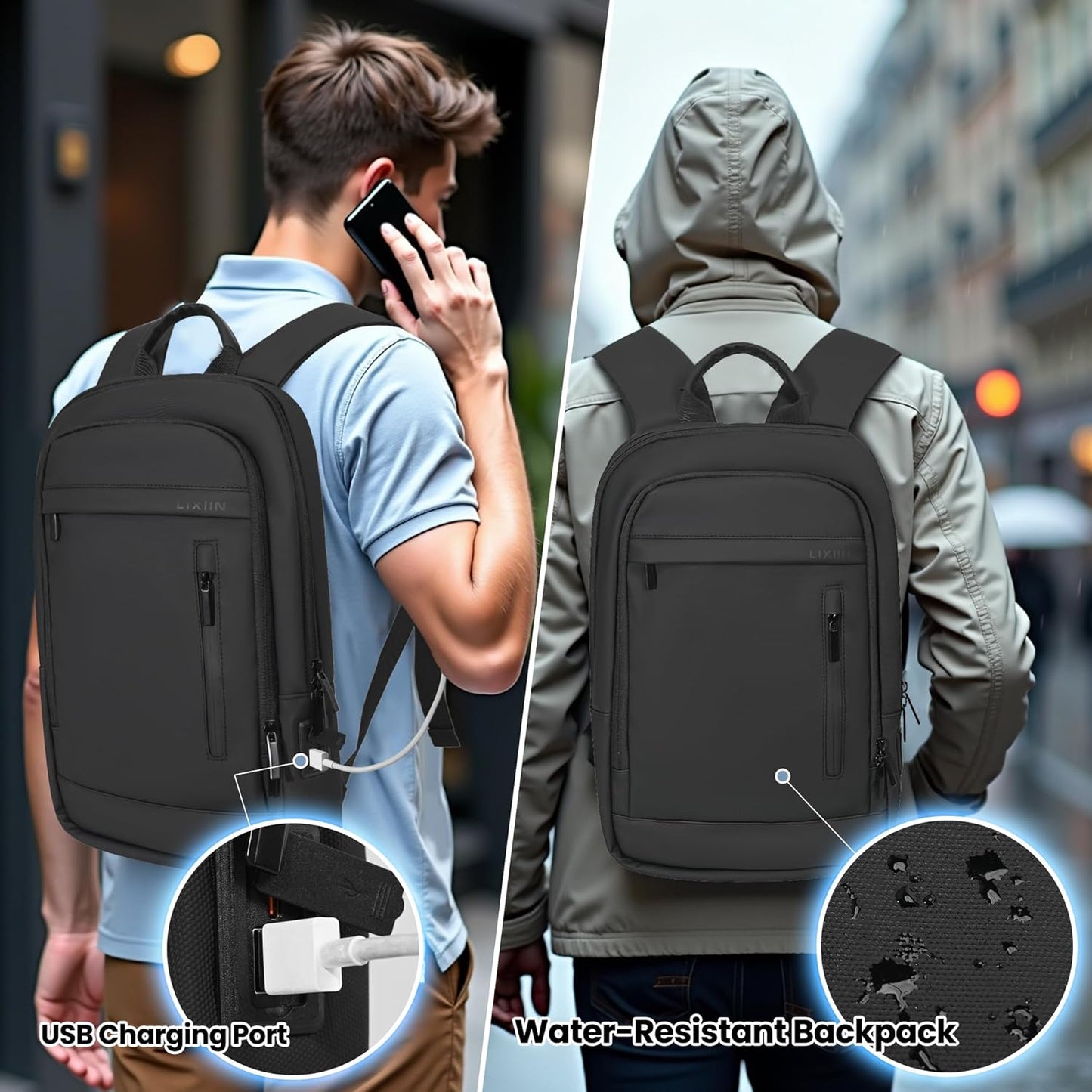 Business Backpack for Men Lightweight Commute Laptop Backpack Anti-Theft Water Resistant Backpack for 15.6 Inch Computer for Daily Office Work with Small Bag (Black)