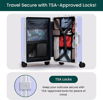 Nobl Travel Carry On Luggage, Noble Zipperless Aluminum Frame PC Hard Shell Suitcase, 22.5x15x9.5 Airline Approved, 360° Spinner Wheels, TSA Locks, USB Charging Port, Cup & Phone Holder - Lavender
