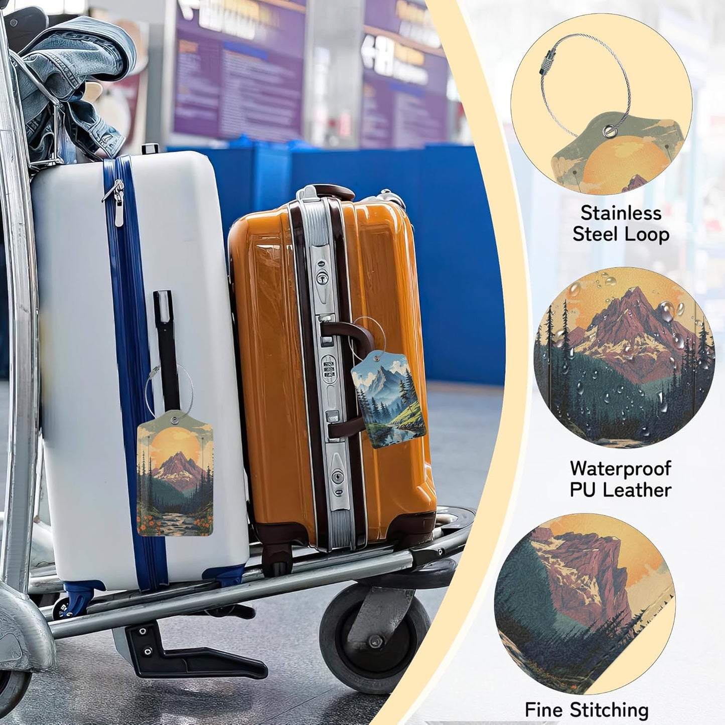 Vintage Mountain Luggage Tag for Suitcase,Forest Lake Design with Privacy Flap Name ID Label Metal Loop, 3 Pack