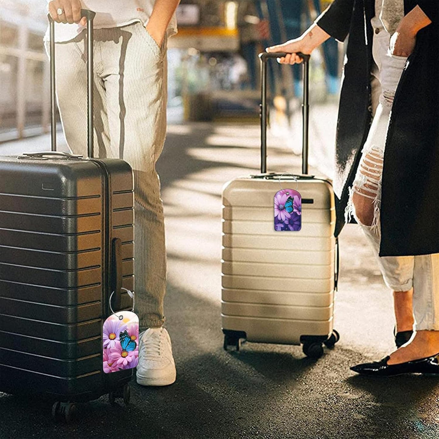 2 Pack Luggage Tag for Suitcase Purple Daisy and Butterfly Leather Suitcase Tags with Privacy Name ID Label and Stainless Steel Loop for Travel Bag
