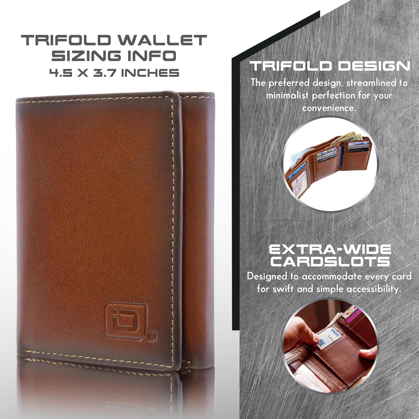 ID Stronghold Extra Capacity Trifold Wallet for Men - RFID Blocking Genuine Leather Wallet (Antiqued Brown)